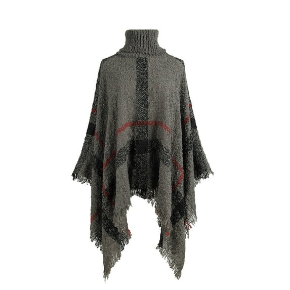 Womens Fall Winter Warm Poncho Cape Casual Striped Shawl Wraps Mock Turtleneck Knitted Pullover Sweater with Tassels