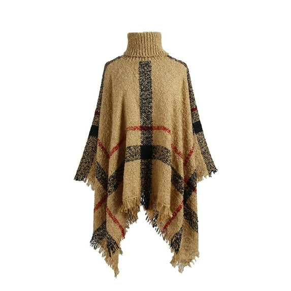 Womens Fall Winter Warm Poncho Cape Casual Striped Shawl Wraps Mock Turtleneck Knitted Pullover Sweater with Tassels