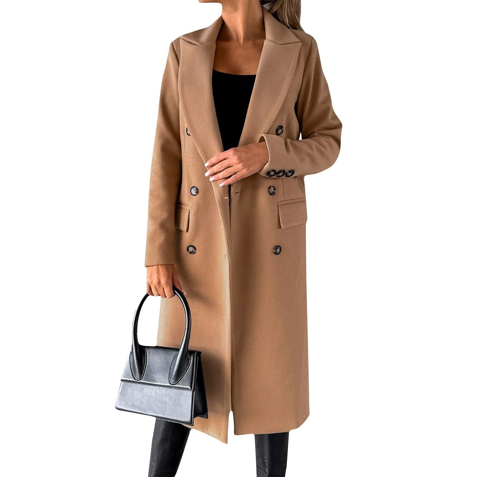Womens Fall Winter Wool Blend Pea Coat Elegant Notch Lapel Double ...