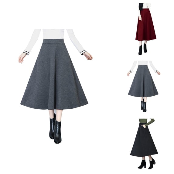 Womens Fall Winter Wool Skirt High Waisted Pleated A Line Flowy Midi Skirt with Pockets