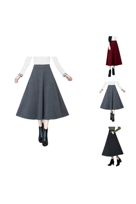 Womens Fall Winter Wool Skirt High Waisted Pleated A Line Flowy Midi Skirt with Pockets