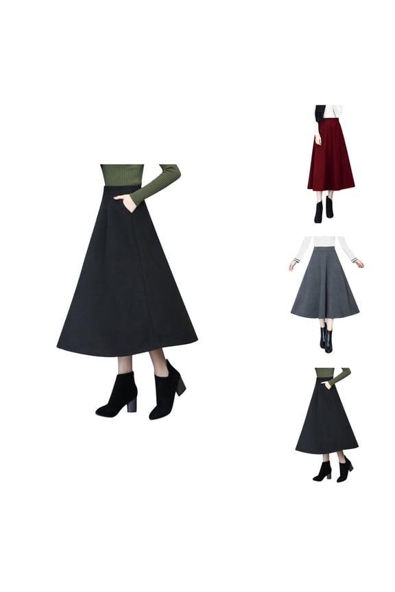 Womens Fall Winter Wool Skirt High Waisted Pleated A Line Flowy Midi Skirt with Pockets