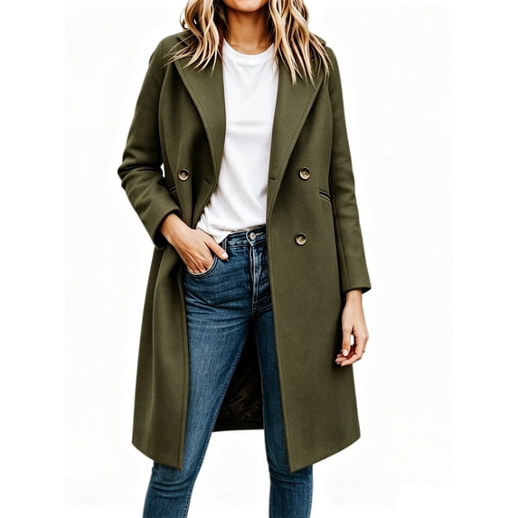 Womens Fall WinterNotched Lapel Collar Double Breasted Pea Coat Wool Blend Over Coats Long Jackets