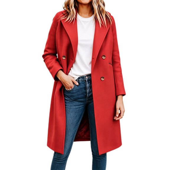 Womens Fall WinterNotched Lapel Collar Double Breasted Pea Coat Wool Blend Over Coats Long Jackets