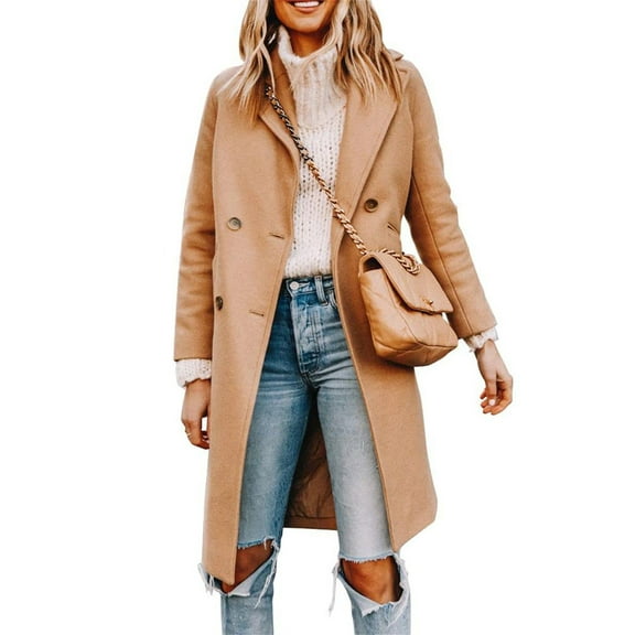 Womens Fall WinterNotched Lapel Collar Double Breasted Pea Coat Wool Blend Over Coats Long Jackets