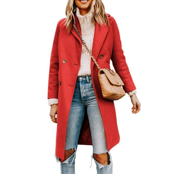 Womens Fall WinterNotched Lapel Collar Double Breasted Pea Coat Wool Blend Over Coats Long Jackets