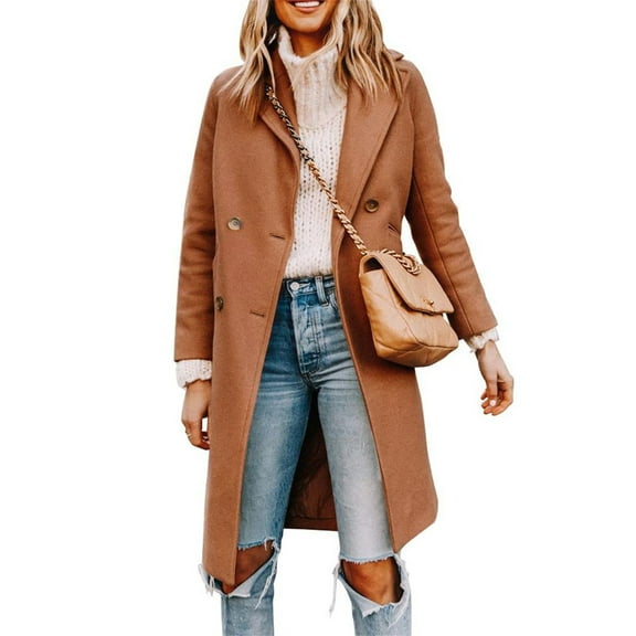 Womens Fall WinterNotched Lapel Collar Double Breasted Pea Coat Wool Blend Over Coats Long Jackets