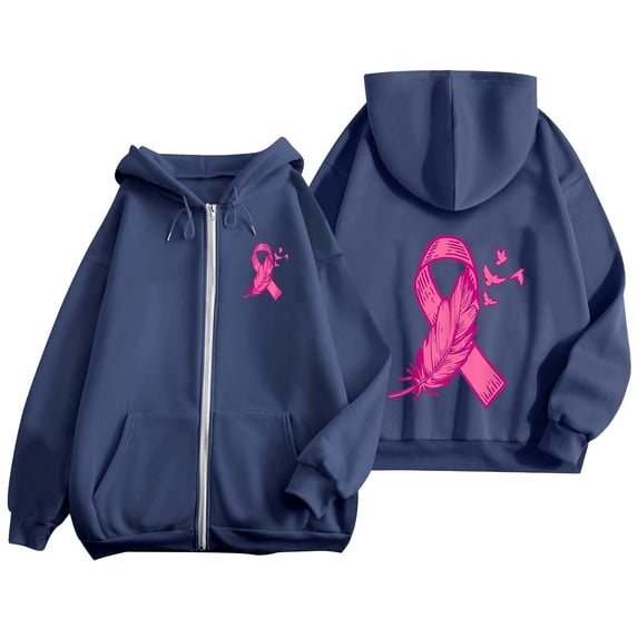 Womens Fall Zip Up Hoodies Breast Cancer Awareness SweatshirtsSurvivor Support Shirts Women, Drawstring, Pink Ribbon Print Long Sleeve Winter Comfy Track Jackets with Pocket Royal Blue 3XL