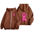 thumbnail image 1 of Womens Fall Zip Up Hoodies Breast Cancer Awareness SweatshirtsSurvivor Support Shirts Women, Drawstring, Pink Ribbon Print Long Sleeve Winter Comfy Track Jackets with Pocket Brown S, 1 of 7