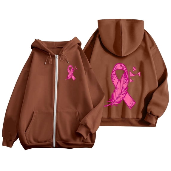 Womens Fall Zip Up Hoodies Breast Cancer Awareness SweatshirtsSurvivor Support Shirts Women, Drawstring, Pink Ribbon Print Long Sleeve Winter Comfy Track Jackets with Pocket Brown S