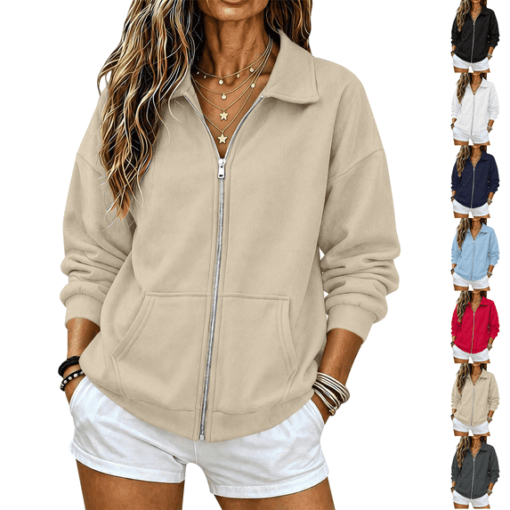Womens Fall Zip Up Sweatshirts No Hood Oversized Casual Classic Long Sleeve Collar Full Zipper Jackets with Pockets Khaki S