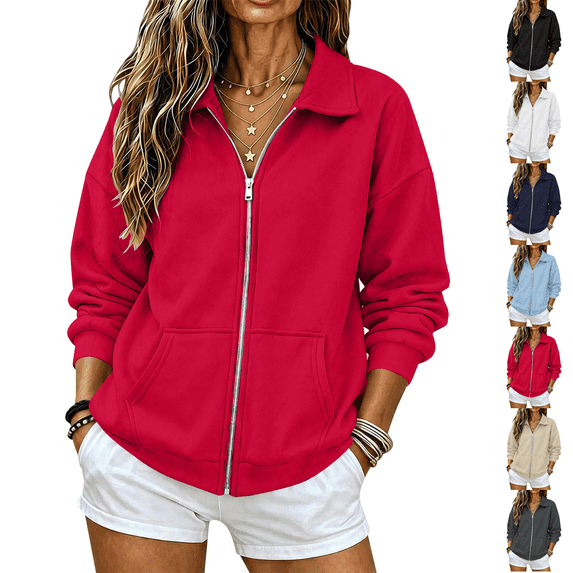 Womens Fall Zip Up Sweatshirts No Hood Oversized Casual Classic Long Sleeve Collar Full Zipper Jackets with Pockets Red M