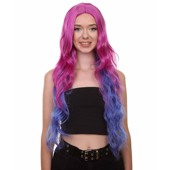 Womens Fantasy Curly Wavy Wig | Purple & Blue TV/Movie Wigs | Premium Breathable Capless Cap