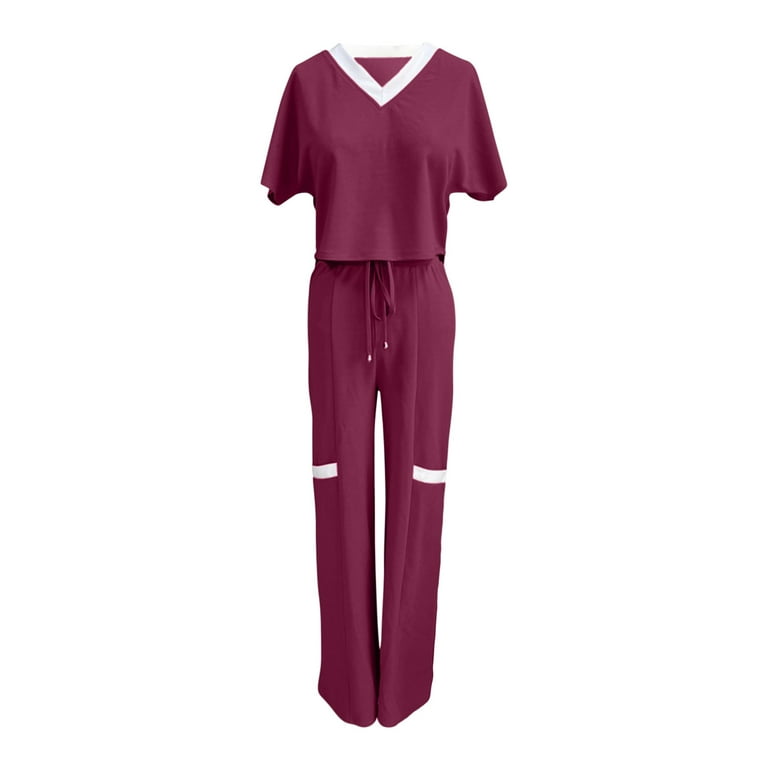Womens Fashion 2 Piece Outfits Color Block Short Sleeve V Neck Crop Tops Drawstring Wide Leg Pants Sets for Casual Work Womens Clothes Walmart