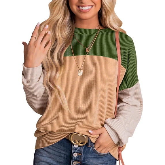 Womens Fashion 2023 Color Block Long Sleeve Crewneck Knitted Pullover Shirts Tops