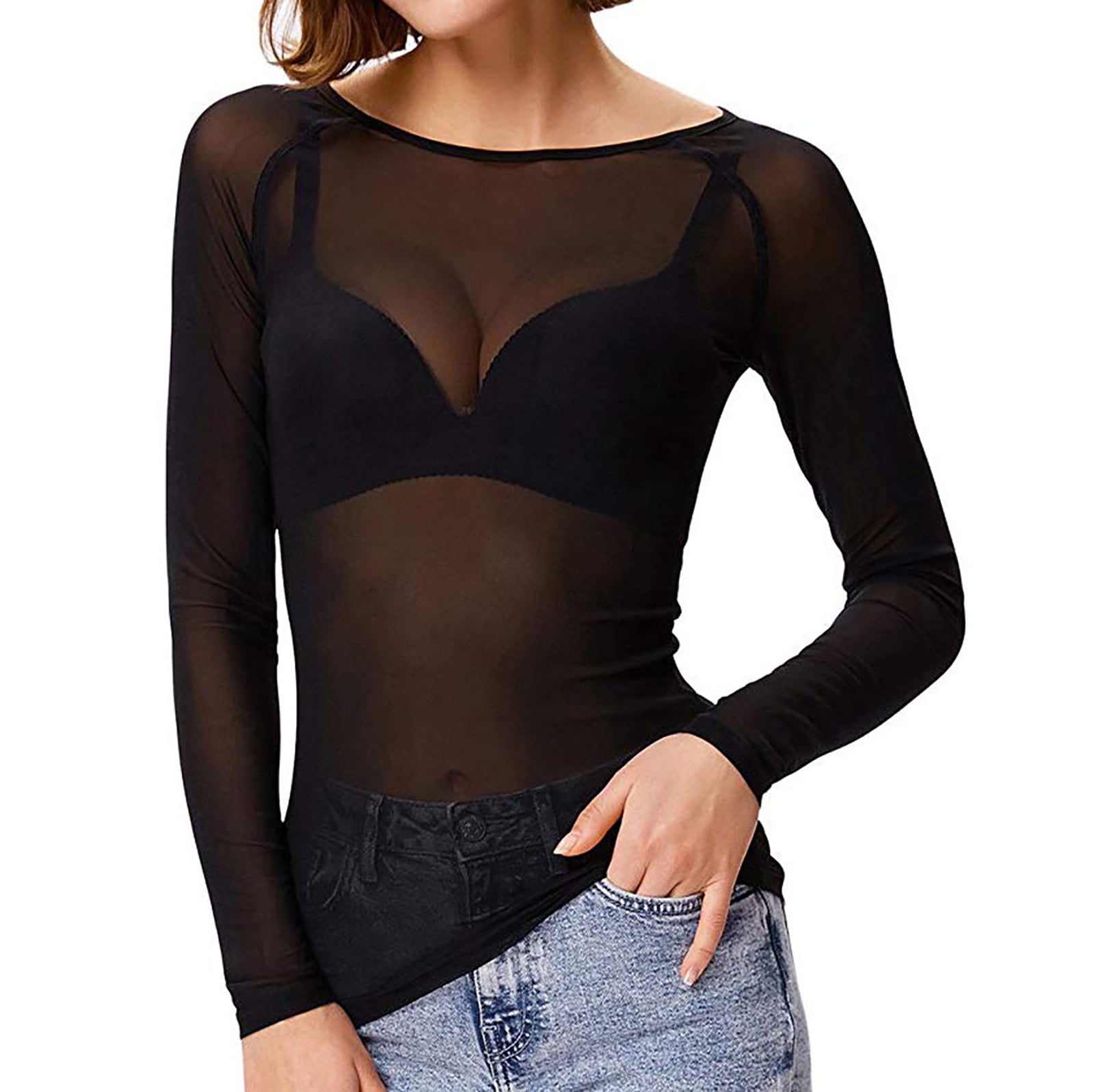 Womens Fashion 2024 See through Tops Long Sleeve Fitted Cute Tee Shirts Undershirt Crewneck Tunic Mesh Blouses XX Large Black Walmart