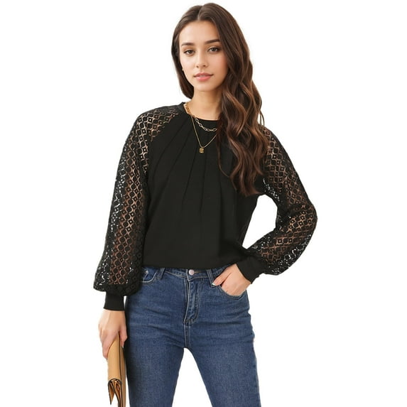 Womens Fashion 2024 Fall Dressy Casual Blouses Lace Short Sleeve Pleated Crewneck Knit Tee Shirts Tunic Tops