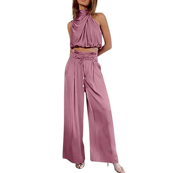 Womens Fashion 2 Piece Outfits Turtleneck Crop Tops High Waist Wide Leg Long Pants Sets Loungewear