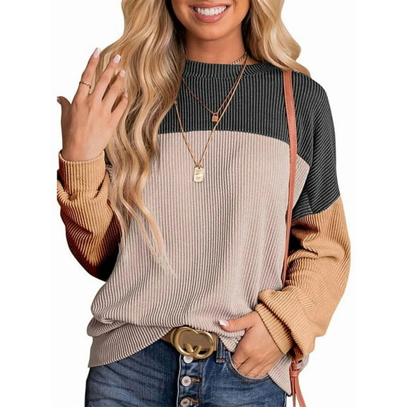 Womens Fashion 2025 Color Block Long Sleeve Crewneck Knitted Casual Loose Pullover Shirts Tops Black L