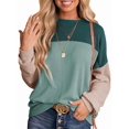thumbnail image 1 of Womens Fashion 2025 Color Block Long Sleeve Crewneck Knitted Casual Loose Pullover Shirts Tops Green XL, 1 of 5