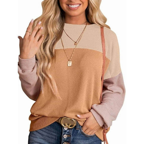 Womens Fashion 2025 Color Block Long Sleeve Crewneck Knitted Casual Loose Pullover Shirts Tops Light Khaki XXL