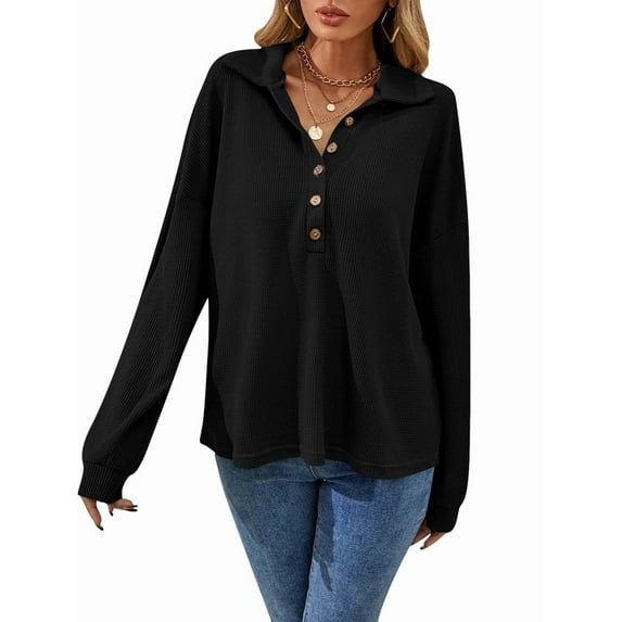 Womens Fashion 2025 Oversized Long Sleeve Lapel Button Down V Neck Sweatshirt Casual Pullover Tops Black XXL
