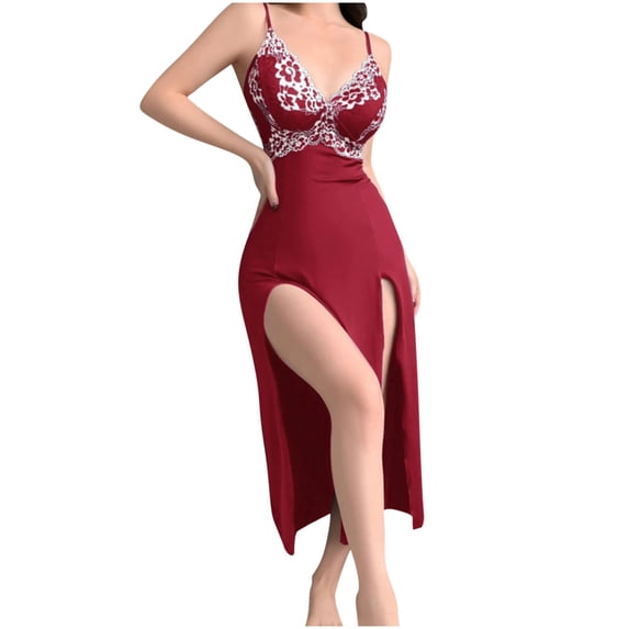 Womens Fashion 2026 Long Satin Nightgowns for Women Blue High Slit Dress 2 Pieces Deep V Sexy Elegant Lace Cami Maxi Dress with Panty