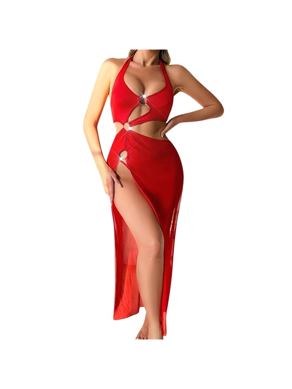 Womens Fashion 2026 Women Bodycon Dress High Slit Cut-Out Midi Dress Metal Ring Decor V-Neck Spaghetti Straps Cocktail Party Dress