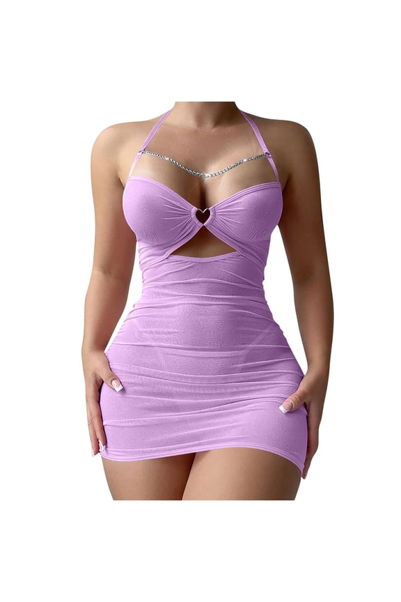 Womens Fashion 2026 Women's Sexy Bodycon Mini Lingerie Dress with Thong Set - Sheer Mesh Ruched Chain