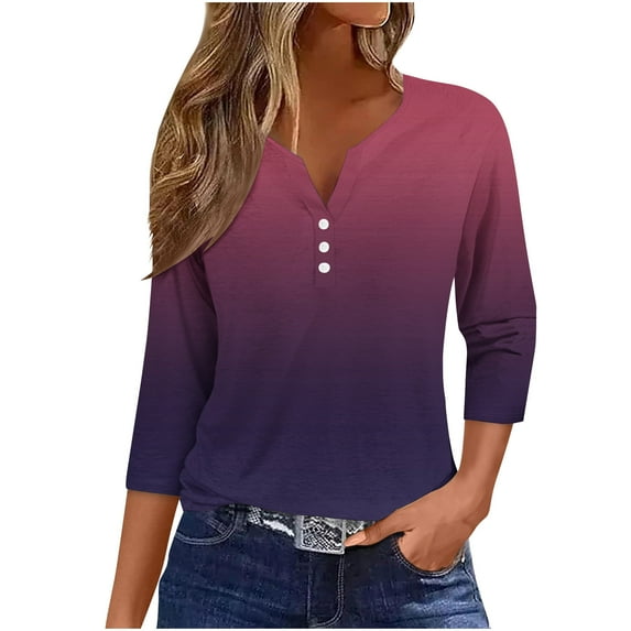 Womens' Fashion 3/4 Sleeve Plus Size Shirts Tops Casual Printing T-shirt Buttons Blouse V-Neck Casual Tops Gifts for Womens