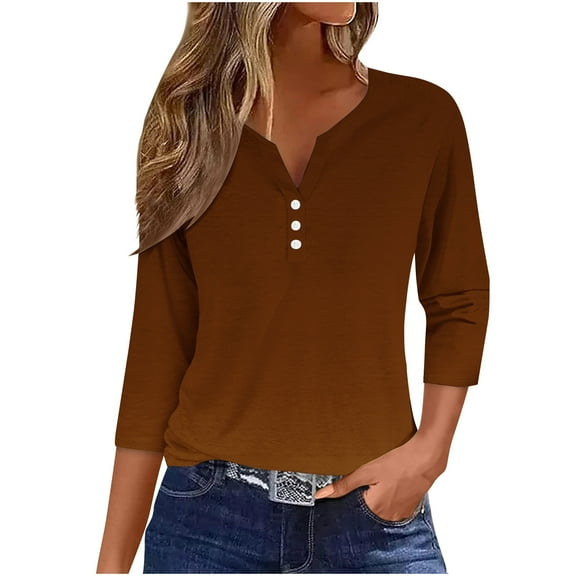Womens' Fashion 3/4 Sleeve Plus Size Shirts Tops Casual Solid T-shirt Buttons Blouse V-Neck Casual Tops Gifts for Womens