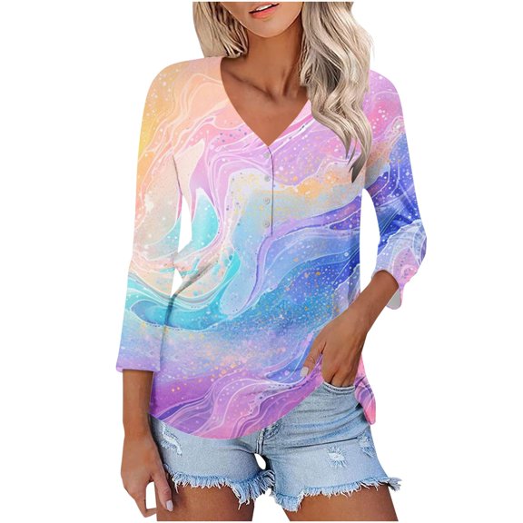 Womens' Fashion 3/4 Sleeve Plus Size Shirts Tops Spring And Summer Print Top Collar Button Sexy Shirt 3/4 Sleeve Long Sleeve V Neck Top/Shirt Gifts for Womens