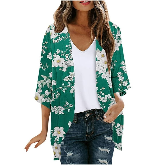 Womens Fashion 3/4 Sleeve Tops Casual Floral Printed Boho Cardigans Loose Fit Plus Size Open Front Shirts Beach Cover Up