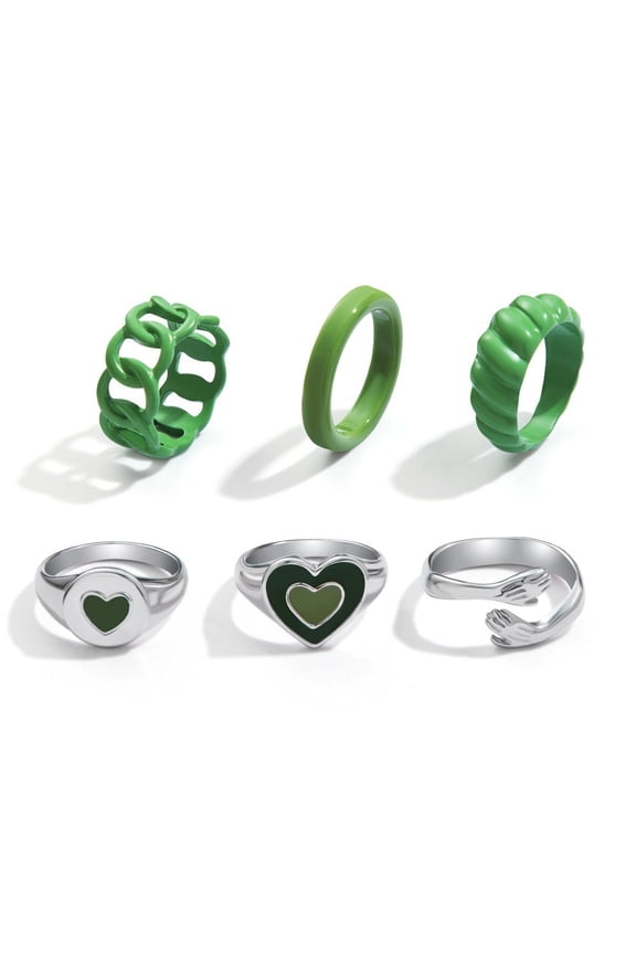 Womens Fashion Alloy 6-Piece Ring Set, Dripping Oil Love Hug Design, Geometric Style, Average Size, Han Style Inspiration