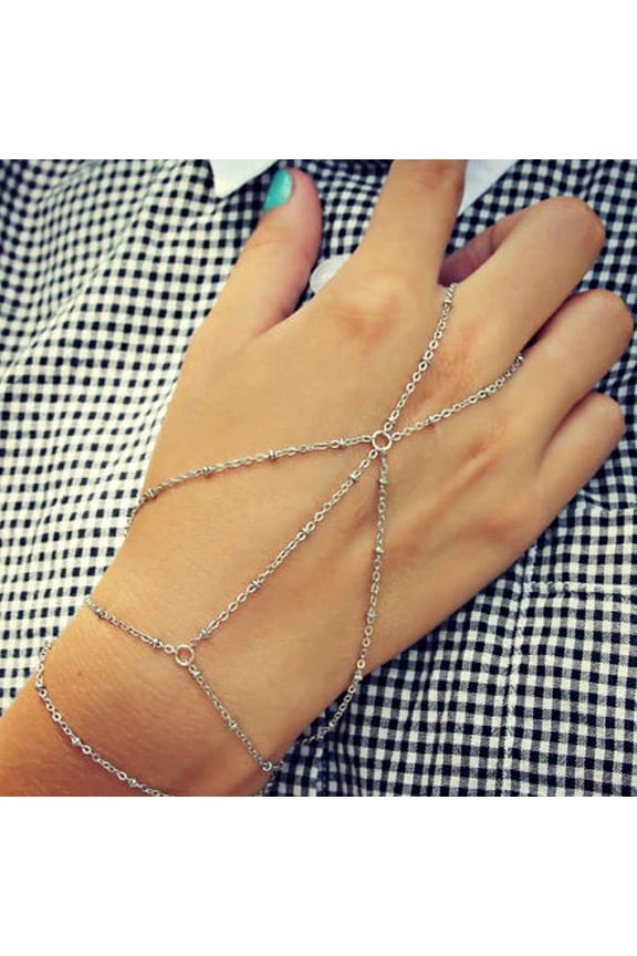 Womens Bracelet with Finger Ring Fashion Bangle Geometric Hand Jewelry Electroplated Accessories for Women and Girls