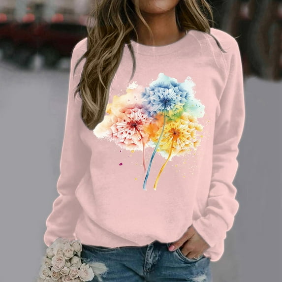 Womens Fashion Autumn And Winter Dandelion Printed Long Sleeve Round Neck Casual Sports Loose Sweatshirt Hoodie Women Light Sweatshirts Women Extra Long Sweatshirts Women Journey Sweatshirts for Women