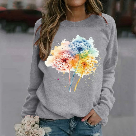 Womens Fashion Autumn And Winter Dandelion Printed Long Sleeve Round Neck Casual Sports Loose Sweatshirt Hoodie Women Light Sweatshirts Women Extra Long Sweatshirts Women Journey Sweatshirts for Women
