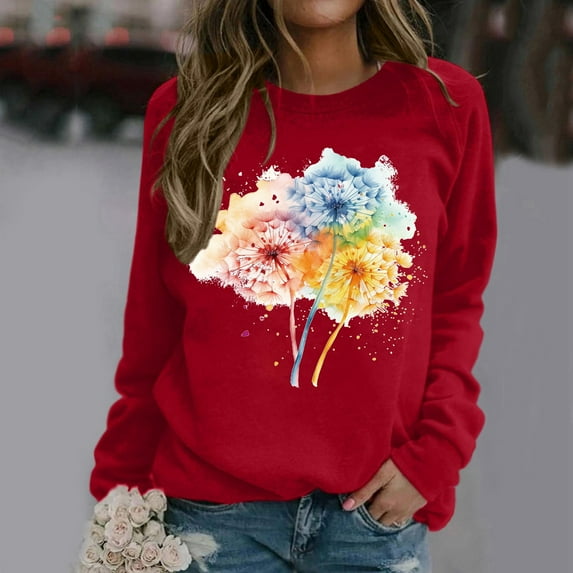 Womens Fashion Autumn And Winter Dandelion Printed Long Sleeve Round Neck Casual Sports Loose Sweatshirt Hoodie Women Light Sweatshirts Women Extra Long Sweatshirts Women Journey Sweatshirts for Women