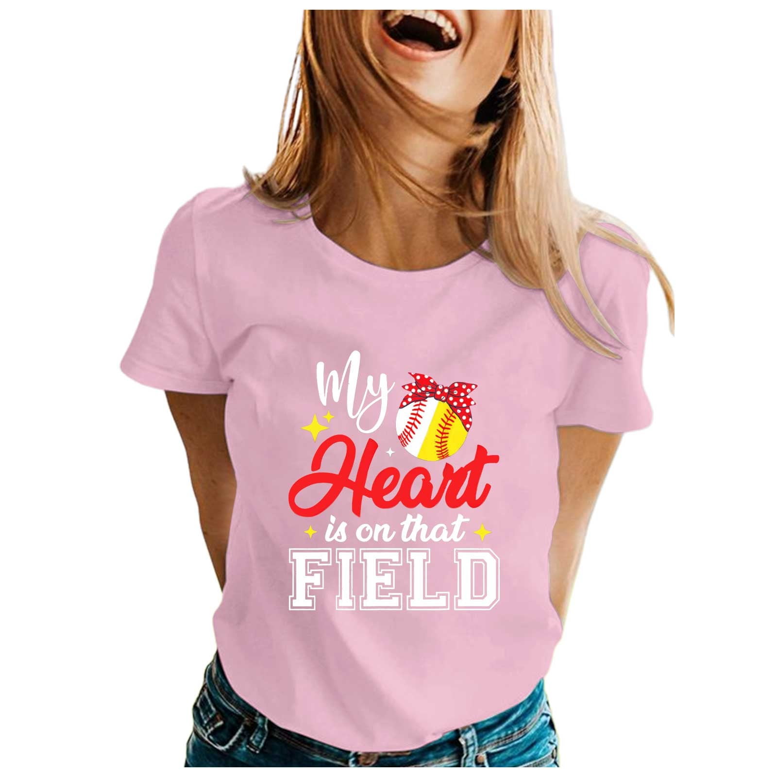 Womens Fashion Baseball Mom Printed Round Neck Short Sleeve T Shirt Top