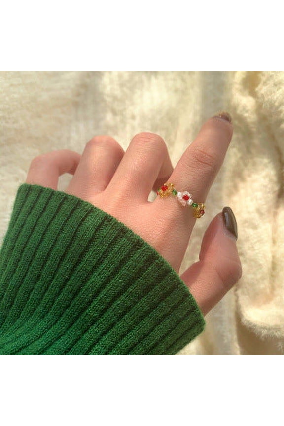 Womens Fashion Beaded Rings, Simple Rice Bead Flower Rings, Cherry, Pearl, Flower Designs, Pack of 1