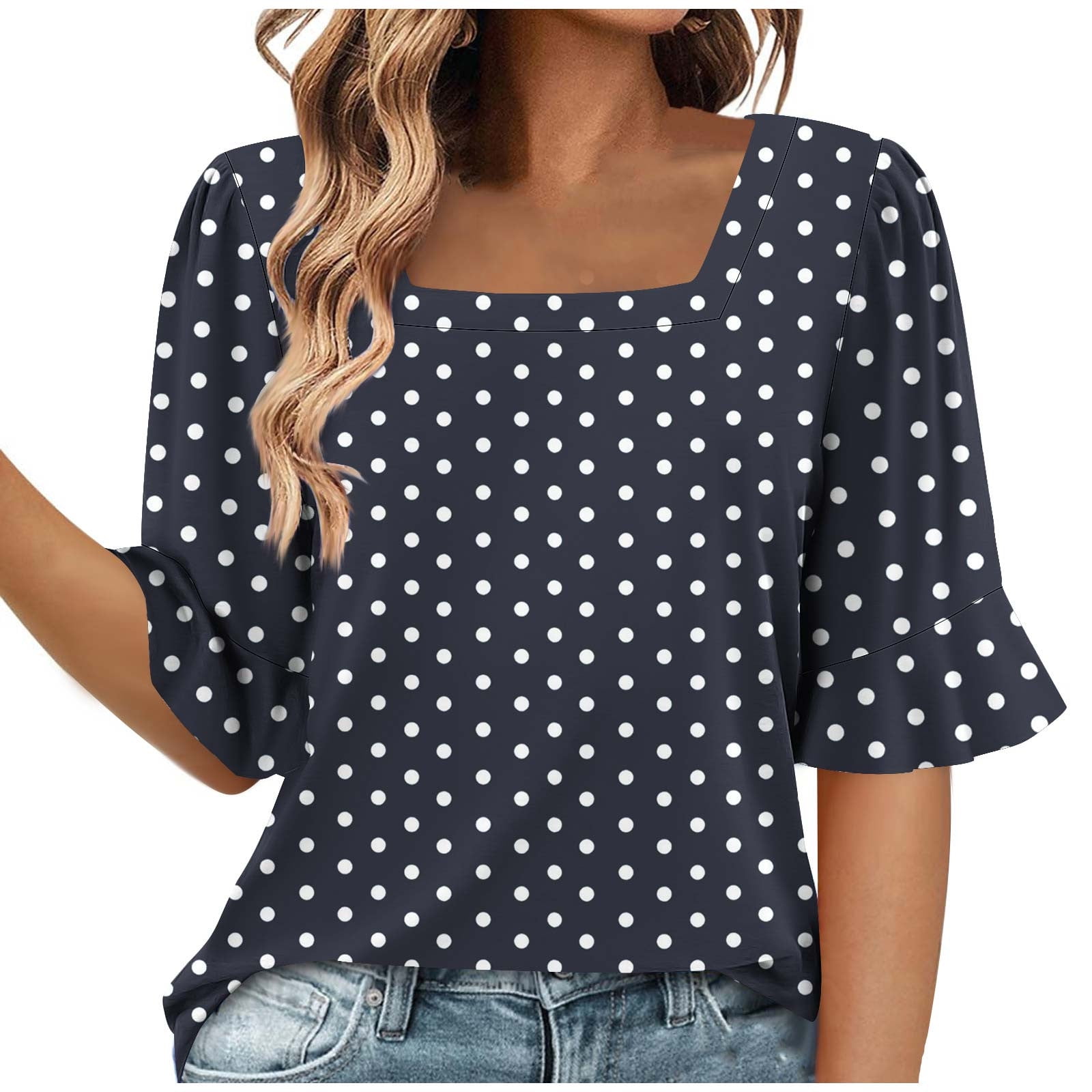 Womens Fashion Blouses Notched V Neck Puffer Short Sleeve Shirt