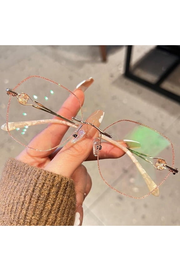 Womens Fashion Blue Light Blocking Oversized Reading Glasses +1.0, Metal Gold Rimless Bling Readers 1.00