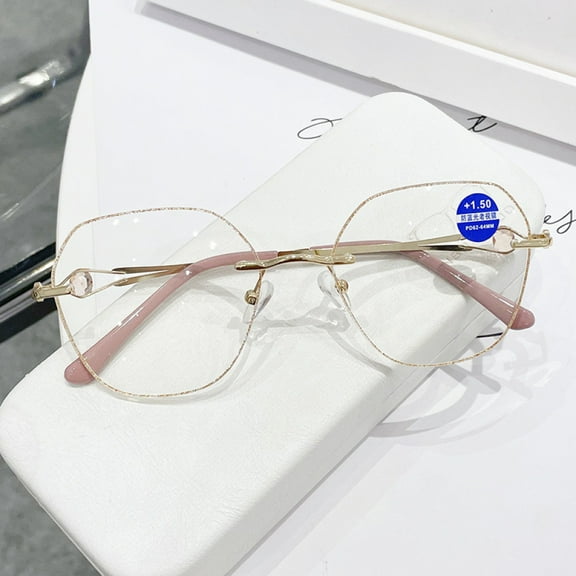 Womens Fashion Blue Light Blocking Oversized Reading Glasses +3.0, Metal Gold Rimless Bling Readers 3.00