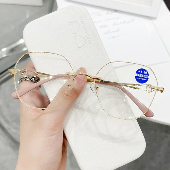 Womens Fashion Blue Light Blocking Oversized Reading Glasses, Metal Gold Rimless Bling Readers