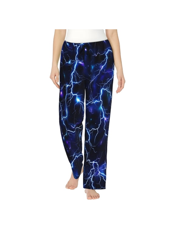 Womens Fashion Blue Lightning Pajama Pants Comfy Stretch Sleepwear Lounge Pants With Pockets & Drawstring Homewear Custom Size S-3XL