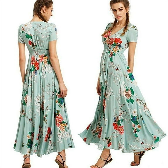 Womens Fashion Bohemian V Neck Print Big Swing Long Dress