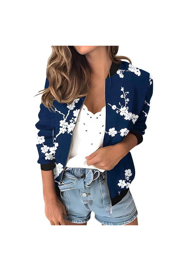 Womens Fashion Bomber Jacket Casual Floral Print Lightweight Jackets Full Zip Coats with Pocket Fall Stand Collar Short Outwear Tops (Black S)