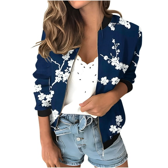 Womens Fashion Bomber Jacket Casual Floral Print Lightweight Jackets Full Zip Coats with Pocket Fall Stand Collar Short Outwear Tops (Black XL)