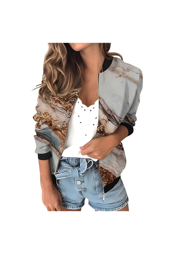 Womens Fashion Bomber Jacket Casual Floral Print Lightweight Jackets Full Zip Coats with Pocket Fall Stand Collar Short Outwear Tops (Gold 2XL)