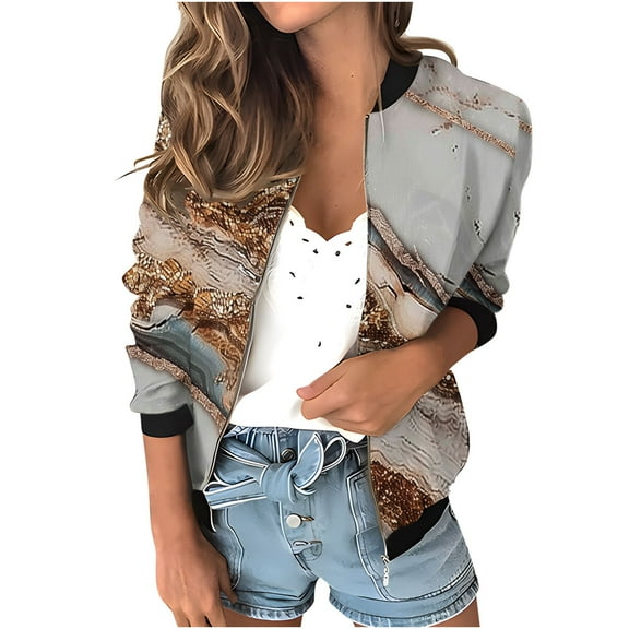Womens Fashion Bomber Jacket Casual Floral Print Lightweight Jackets Full Zip Coats with Pocket Fall Stand Collar Short Outwear Tops (Gold L)